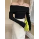 Falbala Solid Color Long Sleeves Skinny Off-the-shoulder Sweater Tops Falbala Solid Color Long Sleeves Skinny Off-the-shoulder Sweater Tops