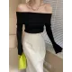Falbala Solid Color Long Sleeves Skinny Off-the-shoulder Sweater Tops Falbala Solid Color Long Sleeves Skinny Off-the-shoulder Sweater Tops