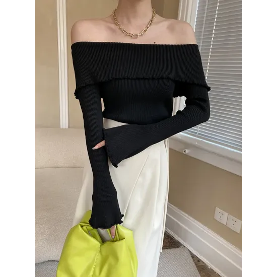 Falbala Solid Color Long Sleeves Skinny Off-the-shoulder Sweater Tops Falbala Solid Color Long Sleeves Skinny Off-the-shoulder Sweater Tops