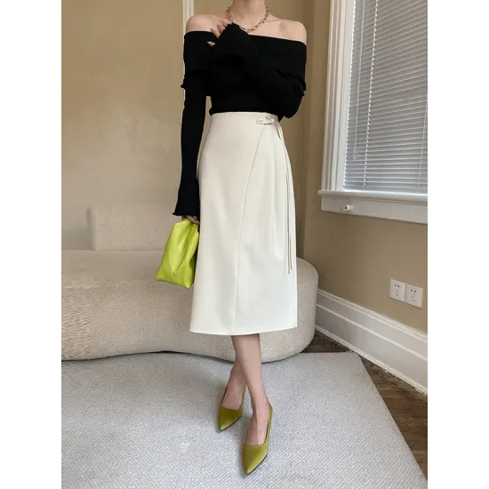 Falbala Solid Color Long Sleeves Skinny Off-the-shoulder Sweater Tops Falbala Solid Color Long Sleeves Skinny Off-the-shoulder Sweater Tops