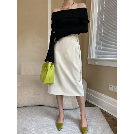 Falbala Solid Color Long Sleeves Skinny Off-the-shoulder Sweater Tops Falbala Solid Color Long Sleeves Skinny Off-the-shoulder Sweater Tops