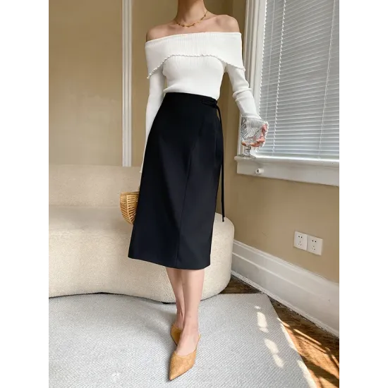 Falbala Solid Color Long Sleeves Skinny Off-the-shoulder Sweater Tops Falbala Solid Color Long Sleeves Skinny Off-the-shoulder Sweater Tops