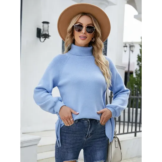 Loose Long Sleeves Solid Color High-Neck Sweater Tops Loose Long Sleeves Solid Color High-Neck Sweater Tops