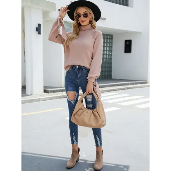 Loose Long Sleeves Solid Color High-Neck Sweater Tops Loose Long Sleeves Solid Color High-Neck Sweater Tops