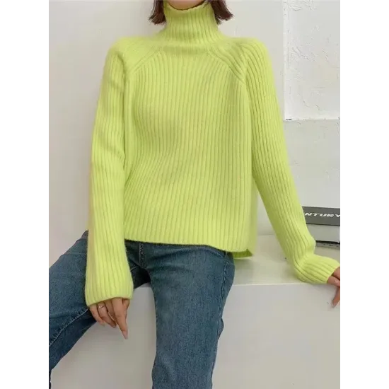 Casual Long Sleeves Loose Solid Color High-Neck Sweater Tops Casual Long Sleeves Loose Solid Color High-Neck Sweater Tops