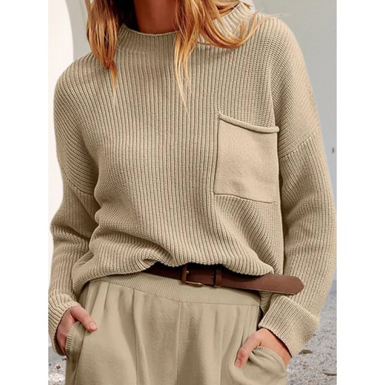 Pockets Solid Color Long Sleeves Loose Round-Neck Sweater Tops Pullovers Knitwear Pockets Solid Color Long Sleeves Loose Round-Neck Sweater Tops Pullovers Knitwear