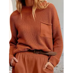 Pockets Solid Color Long Sleeves Loose Round-Neck Sweater Tops Pullovers Knitwear