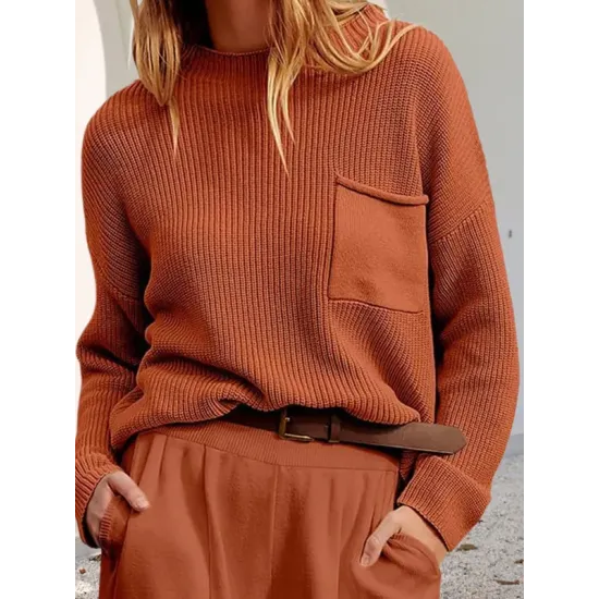 Pockets Solid Color Long Sleeves Loose Round-Neck Sweater Tops Pullovers Knitwear Pockets Solid Color Long Sleeves Loose Round-Neck Sweater Tops Pullovers Knitwear