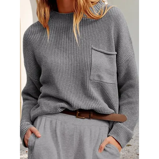Pockets Solid Color Long Sleeves Loose Round-Neck Sweater Tops Pullovers Knitwear Pockets Solid Color Long Sleeves Loose Round-Neck Sweater Tops Pullovers Knitwear