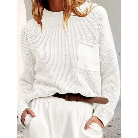 Pockets Solid Color Long Sleeves Loose Round-Neck Sweater Tops Pullovers Knitwear Pockets Solid Color Long Sleeves Loose Round-Neck Sweater Tops Pullovers Knitwear