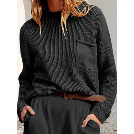 Pockets Solid Color Long Sleeves Loose Round-Neck Sweater Tops Pullovers Knitwear Pockets Solid Color Long Sleeves Loose Round-Neck Sweater Tops Pullovers Knitwear