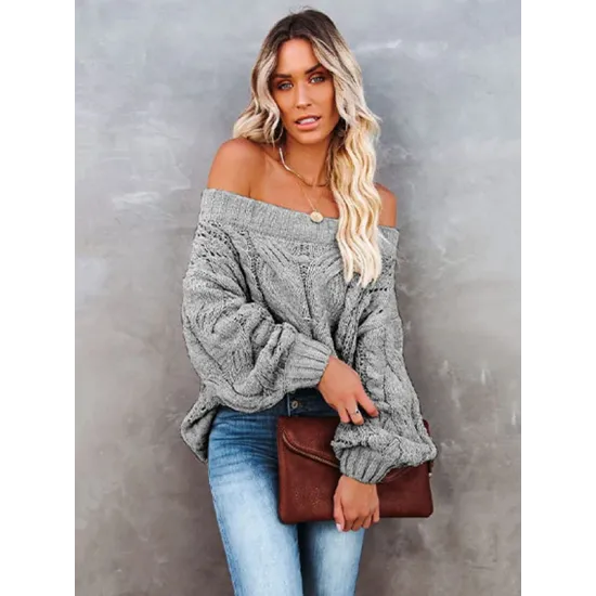 Vintage Long Sleeves Loose Solid Color Off-The-Shoulder Sweater Tops Vintage Long Sleeves Loose Solid Color Off-The-Shoulder Sweater Tops