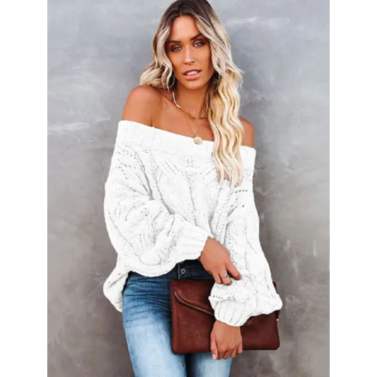 Vintage Long Sleeves Loose Solid Color Off-The-Shoulder Sweater Tops Vintage Long Sleeves Loose Solid Color Off-The-Shoulder Sweater Tops
