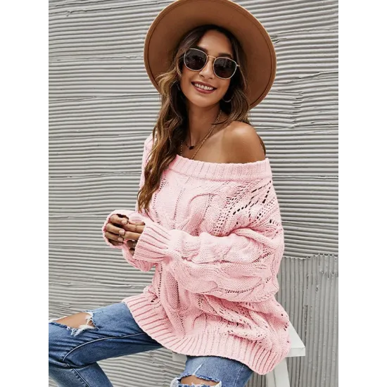 Vintage Long Sleeves Loose Solid Color Off-The-Shoulder Sweater Tops Vintage Long Sleeves Loose Solid Color Off-The-Shoulder Sweater Tops