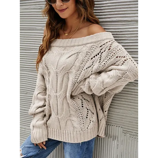 Vintage Long Sleeves Loose Solid Color Off-The-Shoulder Sweater Tops Vintage Long Sleeves Loose Solid Color Off-The-Shoulder Sweater Tops