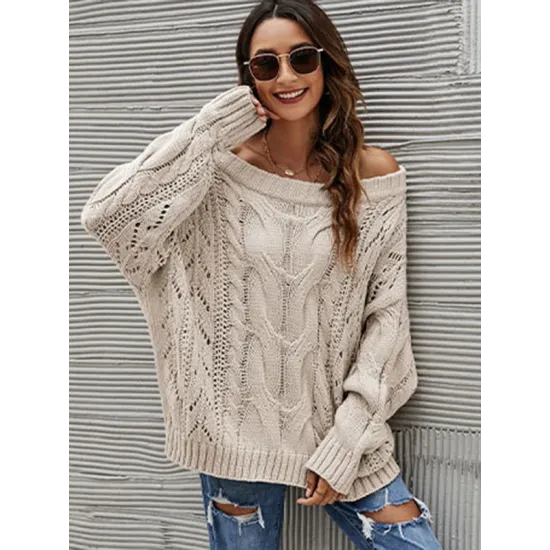 Vintage Long Sleeves Loose Solid Color Off-The-Shoulder Sweater Tops Vintage Long Sleeves Loose Solid Color Off-The-Shoulder Sweater Tops