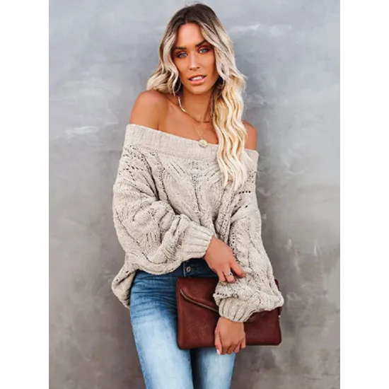 Vintage Long Sleeves Loose Solid Color Off-The-Shoulder Sweater Tops Vintage Long Sleeves Loose Solid Color Off-The-Shoulder Sweater Tops