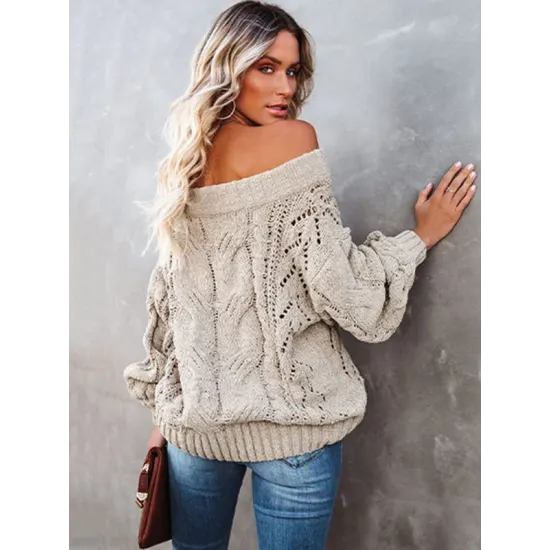 Vintage Long Sleeves Loose Solid Color Off-The-Shoulder Sweater Tops Vintage Long Sleeves Loose Solid Color Off-The-Shoulder Sweater Tops