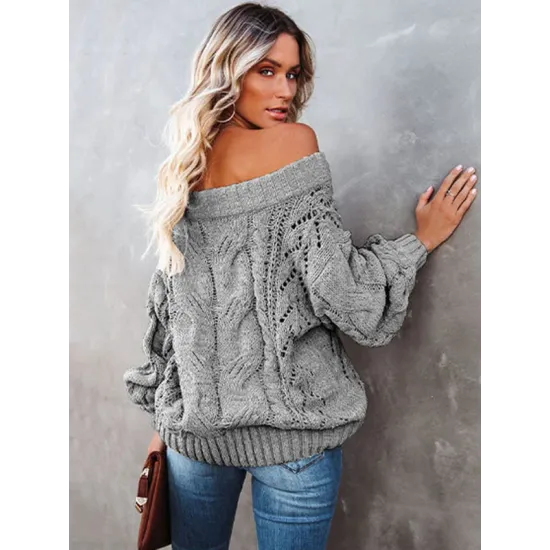 Vintage Long Sleeves Loose Solid Color Off-The-Shoulder Sweater Tops Vintage Long Sleeves Loose Solid Color Off-The-Shoulder Sweater Tops