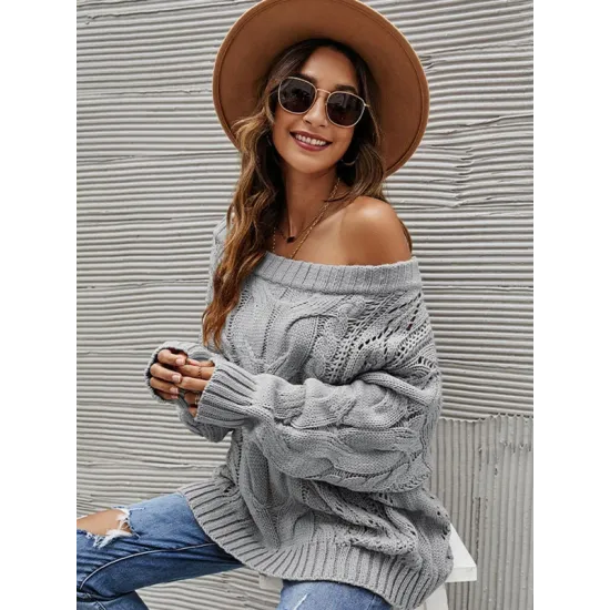 Vintage Long Sleeves Loose Solid Color Off-The-Shoulder Sweater Tops Vintage Long Sleeves Loose Solid Color Off-The-Shoulder Sweater Tops