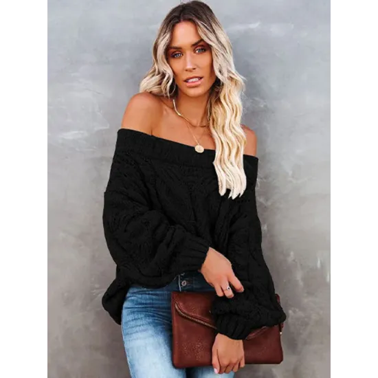 Vintage Long Sleeves Loose Solid Color Off-The-Shoulder Sweater Tops Vintage Long Sleeves Loose Solid Color Off-The-Shoulder Sweater Tops