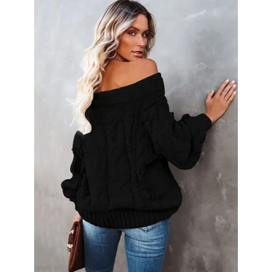 Vintage Long Sleeves Loose Solid Color Off-The-Shoulder Sweater Tops Vintage Long Sleeves Loose Solid Color Off-The-Shoulder Sweater Tops