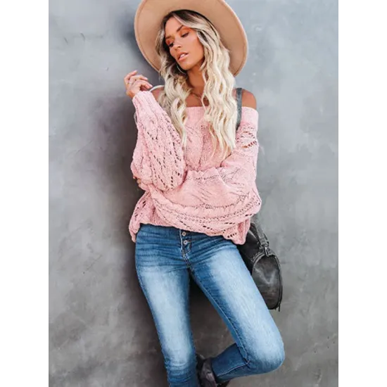 Vintage Long Sleeves Loose Solid Color Off-The-Shoulder Sweater Tops Vintage Long Sleeves Loose Solid Color Off-The-Shoulder Sweater Tops