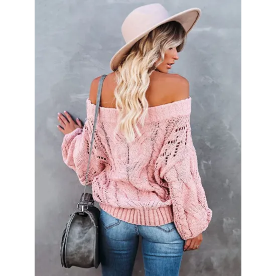 Vintage Long Sleeves Loose Solid Color Off-The-Shoulder Sweater Tops Vintage Long Sleeves Loose Solid Color Off-The-Shoulder Sweater Tops