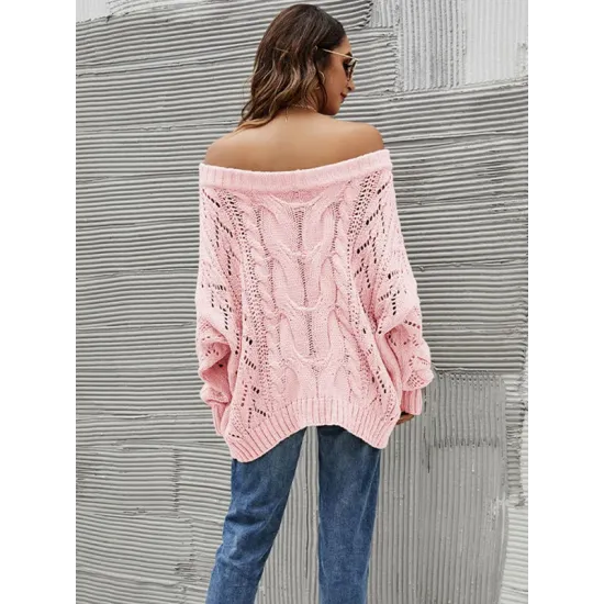 Vintage Long Sleeves Loose Solid Color Off-The-Shoulder Sweater Tops Vintage Long Sleeves Loose Solid Color Off-The-Shoulder Sweater Tops