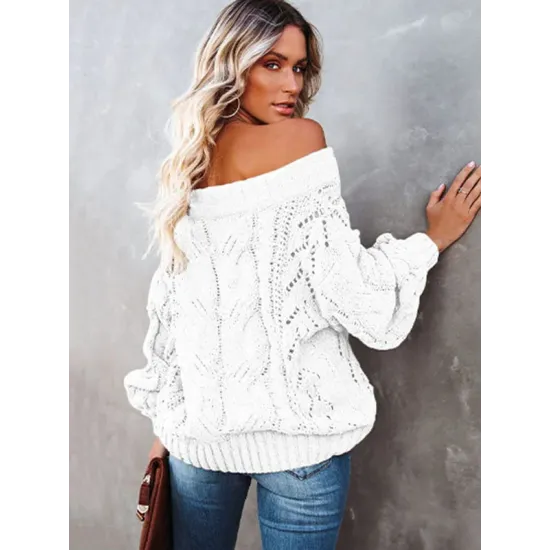 Vintage Long Sleeves Loose Solid Color Off-The-Shoulder Sweater Tops Vintage Long Sleeves Loose Solid Color Off-The-Shoulder Sweater Tops