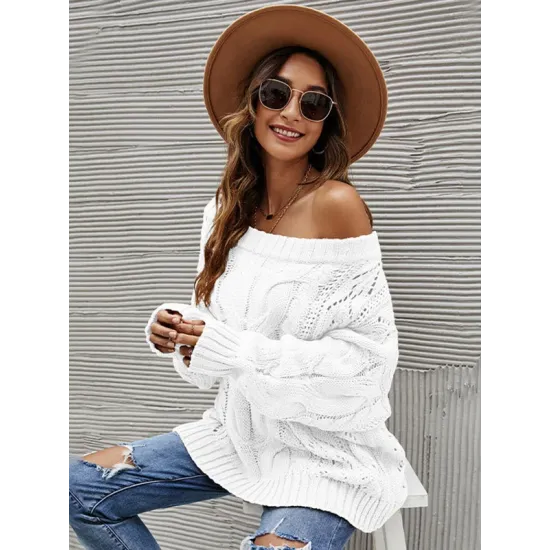 Vintage Long Sleeves Loose Solid Color Off-The-Shoulder Sweater Tops Vintage Long Sleeves Loose Solid Color Off-The-Shoulder Sweater Tops
