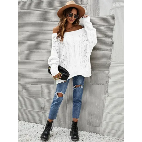 Vintage Long Sleeves Loose Solid Color Off-The-Shoulder Sweater Tops Vintage Long Sleeves Loose Solid Color Off-The-Shoulder Sweater Tops
