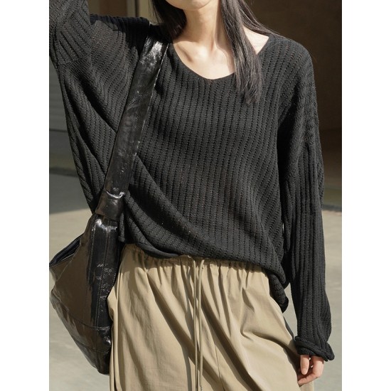 Solid Color Long Sleeves Loose V-Neck Sweater Tops Pullovers Solid Color Long Sleeves Loose V-Neck Sweater Tops Pullovers