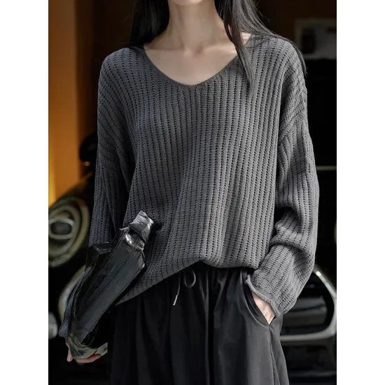 Solid Color Long Sleeves Loose V-Neck Sweater Tops Pullovers Solid Color Long Sleeves Loose V-Neck Sweater Tops Pullovers