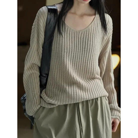 Solid Color Long Sleeves Loose V-Neck Sweater Tops Pullovers Solid Color Long Sleeves Loose V-Neck Sweater Tops Pullovers