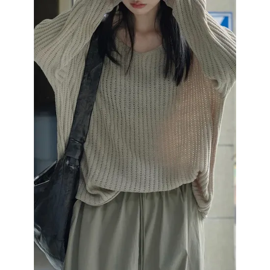 Solid Color Long Sleeves Loose V-Neck Sweater Tops Pullovers Solid Color Long Sleeves Loose V-Neck Sweater Tops Pullovers