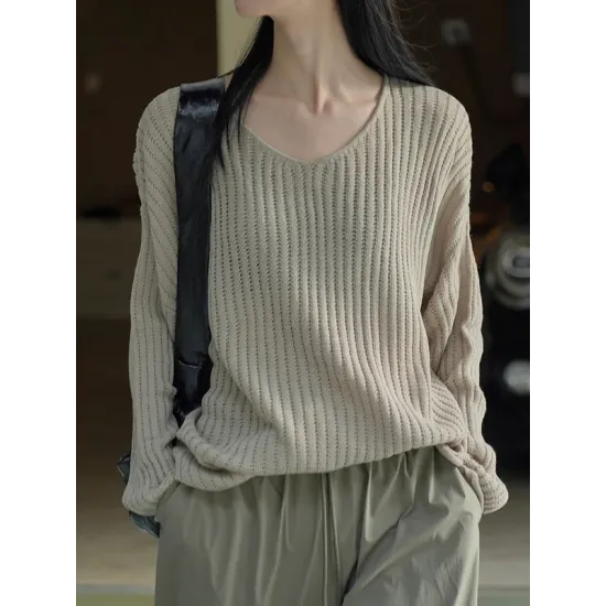 Solid Color Long Sleeves Loose V-Neck Sweater Tops Pullovers Solid Color Long Sleeves Loose V-Neck Sweater Tops Pullovers