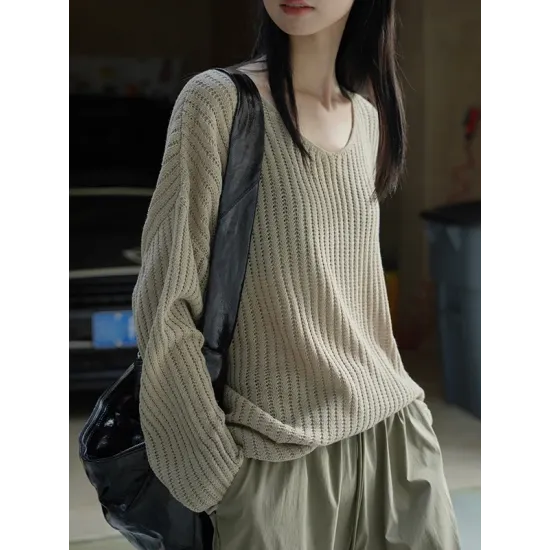 Solid Color Long Sleeves Loose V-Neck Sweater Tops Pullovers Solid Color Long Sleeves Loose V-Neck Sweater Tops Pullovers