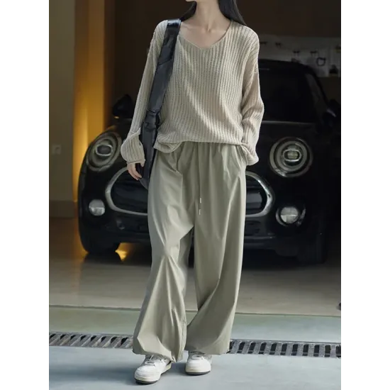 Solid Color Long Sleeves Loose V-Neck Sweater Tops Pullovers Solid Color Long Sleeves Loose V-Neck Sweater Tops Pullovers