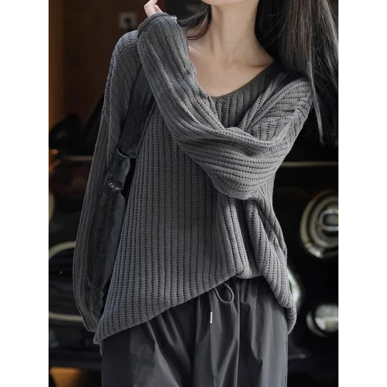 Solid Color Long Sleeves Loose V-Neck Sweater Tops Pullovers Solid Color Long Sleeves Loose V-Neck Sweater Tops Pullovers