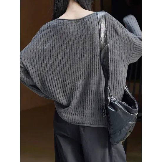 Solid Color Long Sleeves Loose V-Neck Sweater Tops Pullovers Solid Color Long Sleeves Loose V-Neck Sweater Tops Pullovers