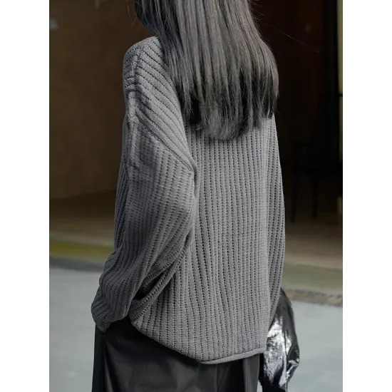 Solid Color Long Sleeves Loose V-Neck Sweater Tops Pullovers Solid Color Long Sleeves Loose V-Neck Sweater Tops Pullovers