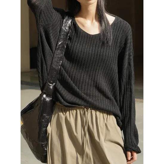 Solid Color Long Sleeves Loose V-Neck Sweater Tops Pullovers Solid Color Long Sleeves Loose V-Neck Sweater Tops Pullovers