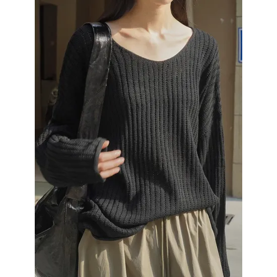 Solid Color Long Sleeves Loose V-Neck Sweater Tops Pullovers Solid Color Long Sleeves Loose V-Neck Sweater Tops Pullovers