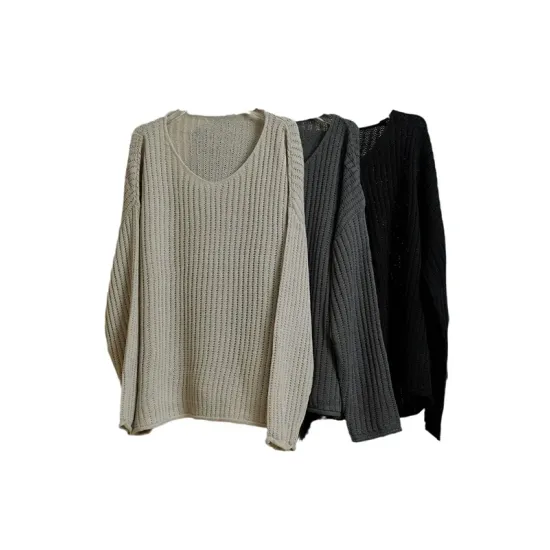 Solid Color Long Sleeves Loose V-Neck Sweater Tops Pullovers Solid Color Long Sleeves Loose V-Neck Sweater Tops Pullovers