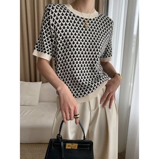 Houndstooth Half Sleeves Round-Neck Sweater Tops Houndstooth Half Sleeves Round-Neck Sweater Tops