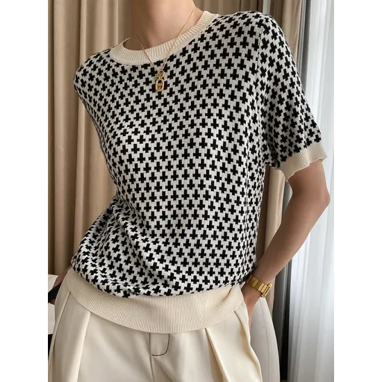 Houndstooth Half Sleeves Round-Neck Sweater Tops Houndstooth Half Sleeves Round-Neck Sweater Tops