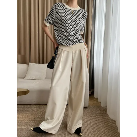 Houndstooth Half Sleeves Round-Neck Sweater Tops Houndstooth Half Sleeves Round-Neck Sweater Tops