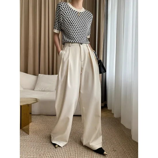 Houndstooth Half Sleeves Round-Neck Sweater Tops Houndstooth Half Sleeves Round-Neck Sweater Tops