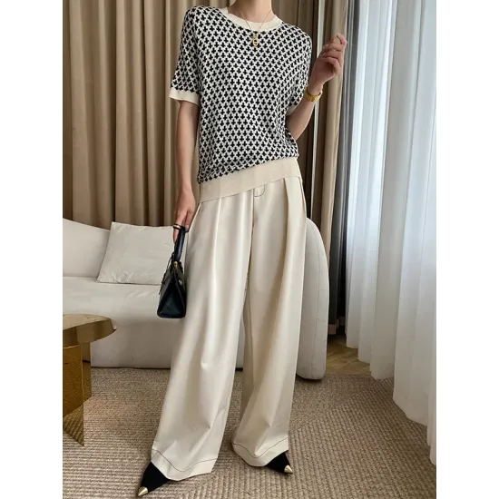 Houndstooth Half Sleeves Round-Neck Sweater Tops Houndstooth Half Sleeves Round-Neck Sweater Tops